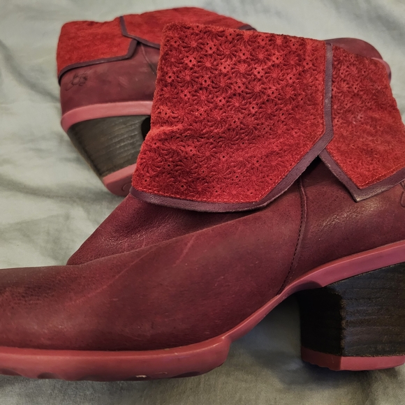 John Fluevog Shoes - John Fluevog Red Suede Fold-Over Ankle Booties with Pink Sole Accents